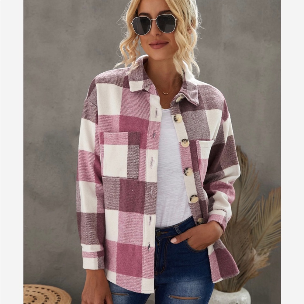 Pink/Off White Plaid Shirt Jacket, Shacket! * - Picture 9 of 10